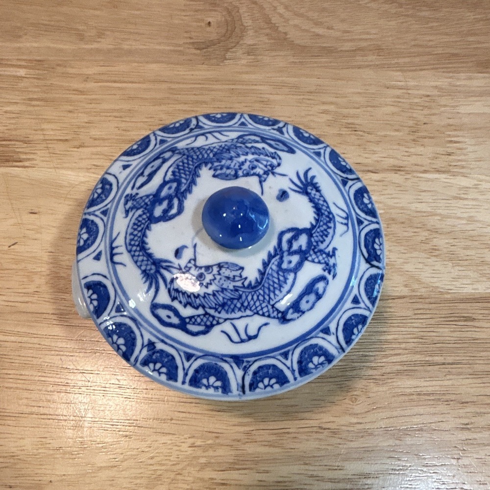Chinese Blue & White Dragon Design Lidded Jar Bowl with Side Handles